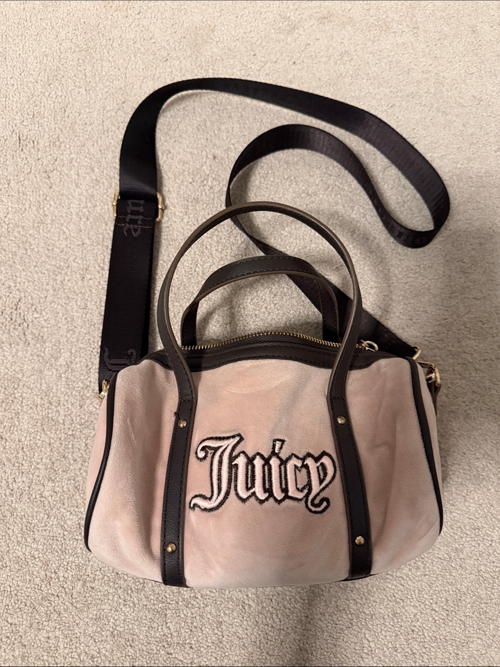 Juicy Couture Pink Velvet Crossbody Barrel Bag with Dark Brown Trim